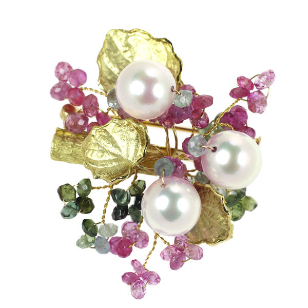 K18YG Akoya pearl, pink sapphire, tourmaline brooch, diameter approx. 8.6mm, plant 