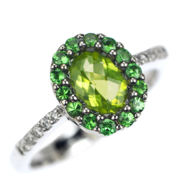 K18WG Peridot Green Garnet Diamond Ring 0.80ct G0.35ct D0.08ct 