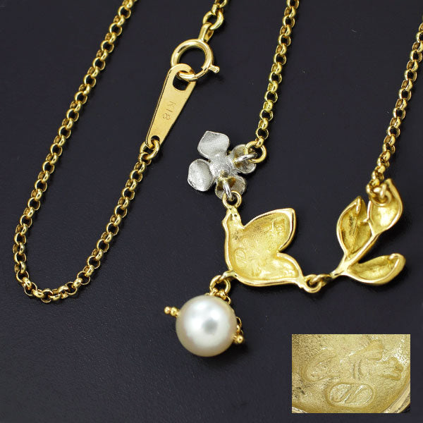 Nobuko Ishikawa K18YG/Pt900 Akoya pearl pendant necklace diameter approx. 6.3mm flower bird 