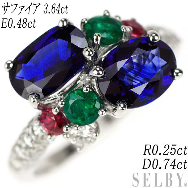 K18WG Sapphire Emerald Ruby Diamond Ring S3.64ct E0.48ct R0.25ct D0.74ct 