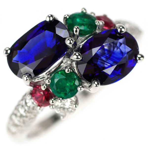 K18WG Sapphire Emerald Ruby Diamond Ring S3.64ct E0.48ct R0.25ct D0.74ct 