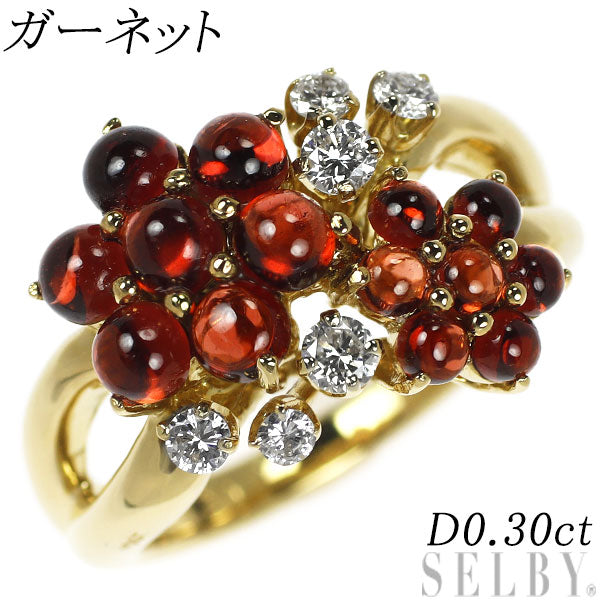 K18YG Garnet Diamond Ring D0.30ct Flower 