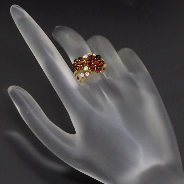 K18YG Garnet Diamond Ring D0.30ct Flower 