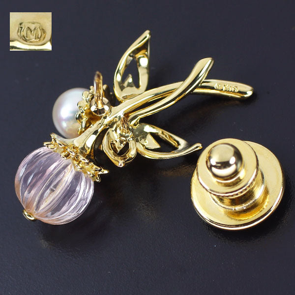 Mikimoto K18YG Akoya pearl rose quartz brooch diameter approx. 5.4mm plant 