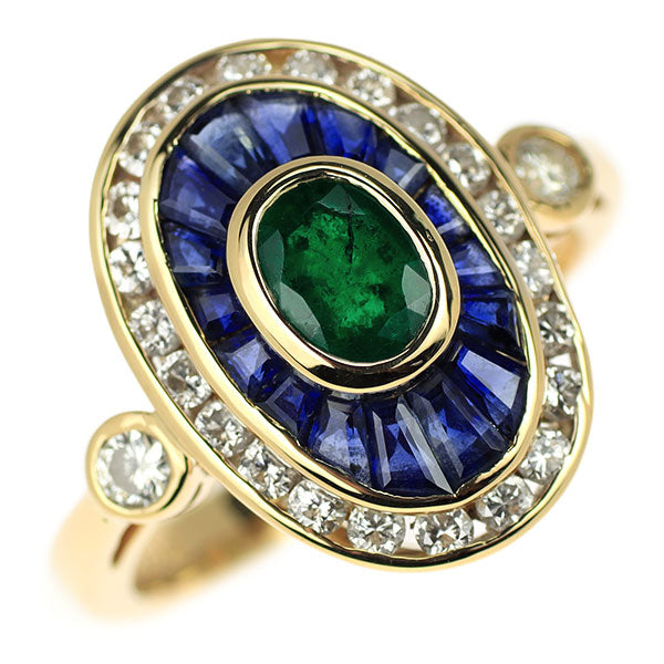 K18YG Emerald Calibré Cut Sapphire Diamond Ring 0.71ct S1.38ct D0.64ct 