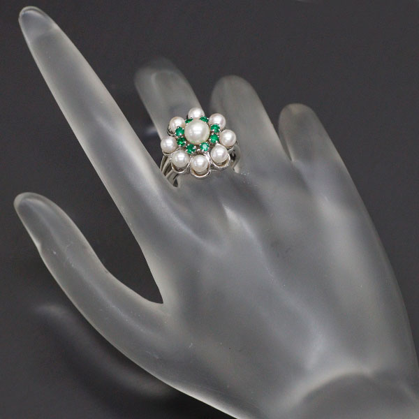 Pt900 Akoya pearl emerald ring diameter approx. 4.0-5.9mm E0.31ct flower 