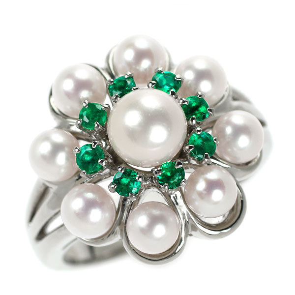 Pt900 Akoya pearl emerald ring diameter approx. 4.0-5.9mm E0.31ct flower 