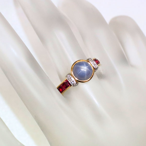 K18YG/WG Star Sapphire Ruby Diamond Ring 