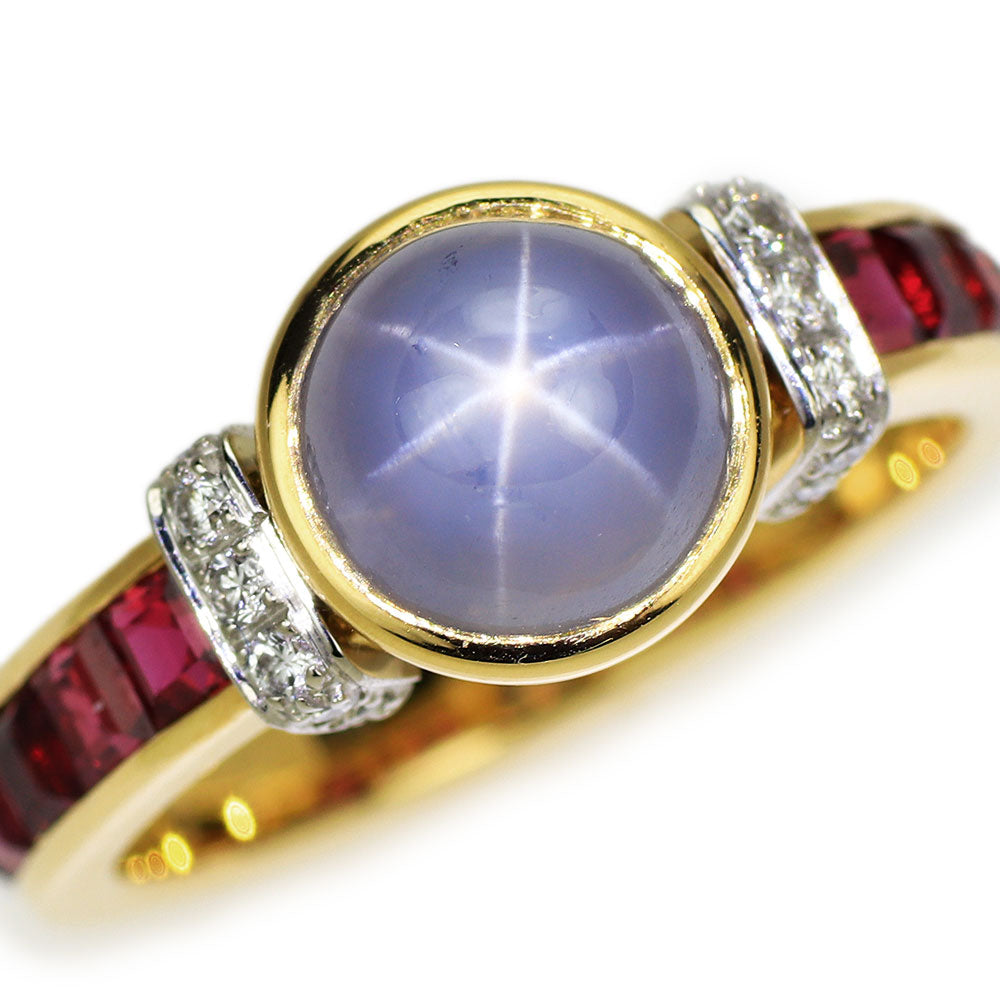 K18YG/WG Star Sapphire Ruby Diamond Ring 