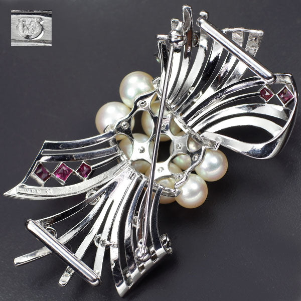 Mikimoto K14WG Akoya pearl, ruby ​​and diamond brooch, diameter approx. 6.0-7.5mm, vintage 