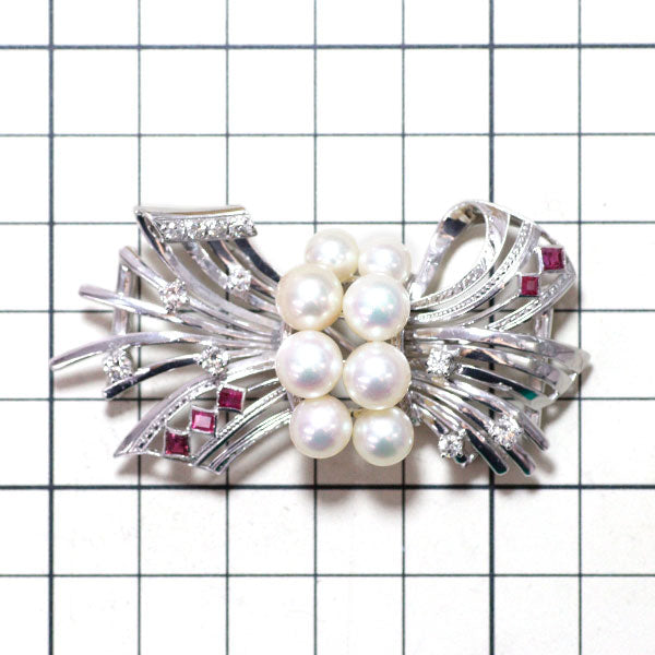 Mikimoto K14WG Akoya pearl, ruby ​​and diamond brooch, diameter approx. 6.0-7.5mm, vintage 