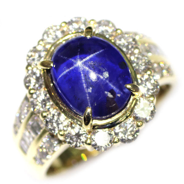 K18YG Blue Star Sapphire Diamond Ring 6.41ct D2.01ct 