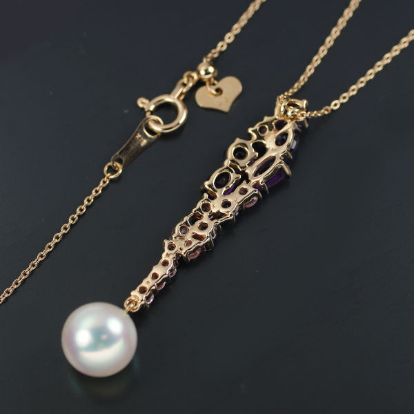 K18PG Akoya pearl, amethyst, pink sapphire pendant necklace, diameter approx. 8.2mm, AM0.92ct, PS0.50ct 