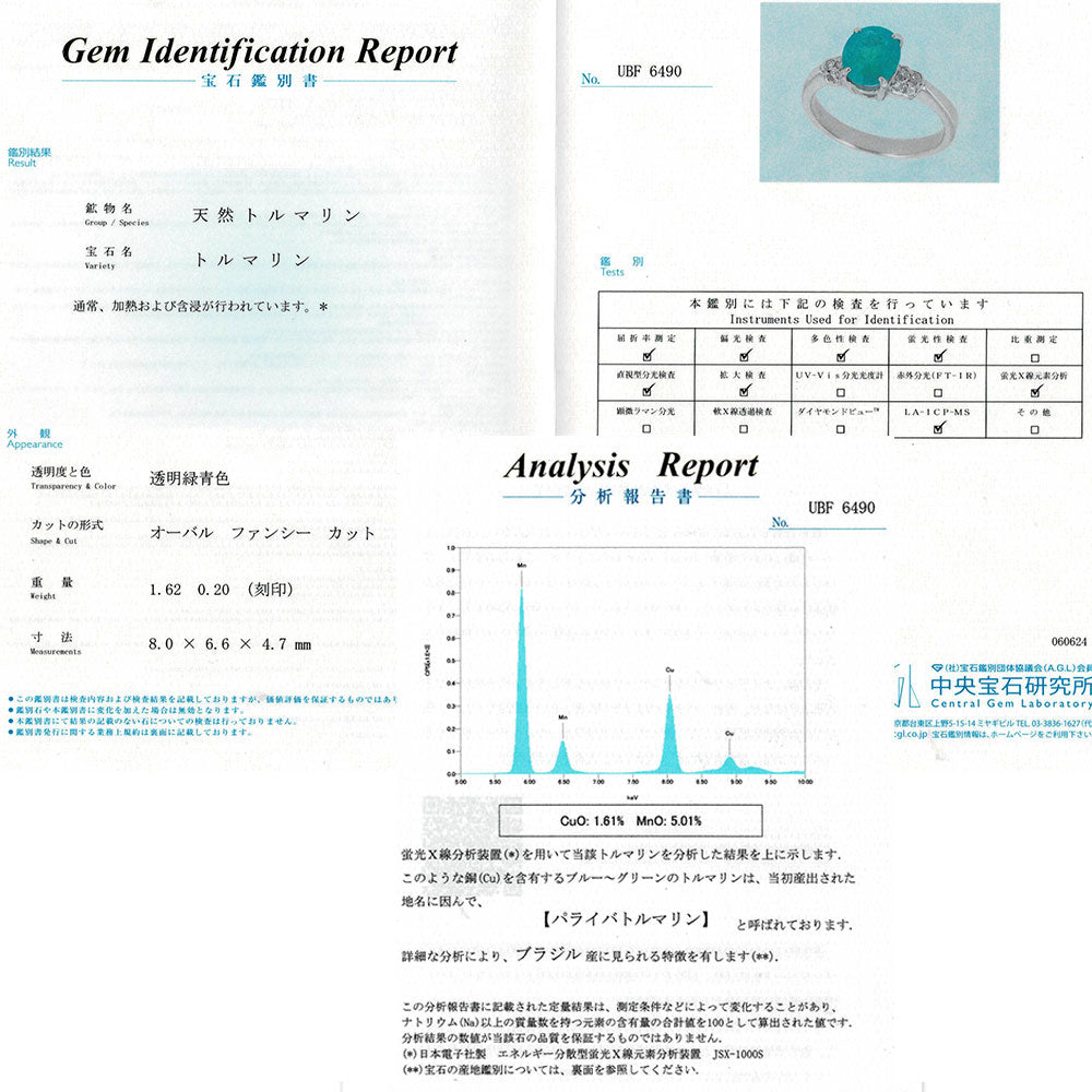 Pt900 ブラジル産パライバトルマリン ダイヤモンド リング 1.62ct D0.20ct