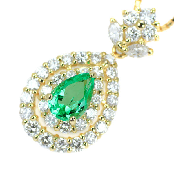 K18YG Pear Shape Emerald Diamond Pendant Necklace 0.77ct D1.12ct 