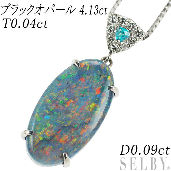 Pt Black Opal Paraiba Tourmaline Diamond Pendant Necklace 4.13ct T0.04ct D0.09ct 