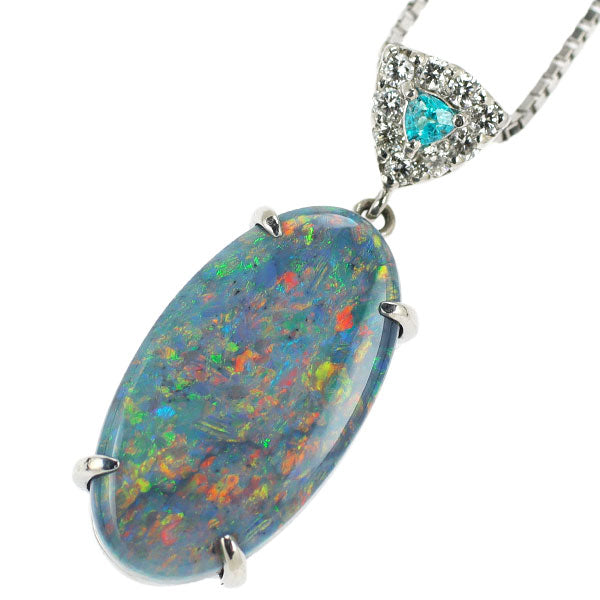 Pt Black Opal Paraiba Tourmaline Diamond Pendant Necklace 4.13ct T0.04ct D0.09ct 