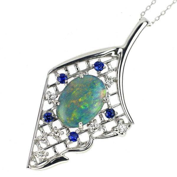 K18WG Black Opal Sapphire Diamond Pendant Necklace 1.69ct S0.23ct D0.28ct 