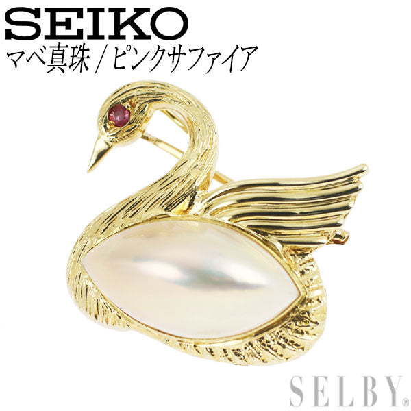 Seiko K18YG Mabe Pearl Pink Sapphire Brooch/Pendant Swan 