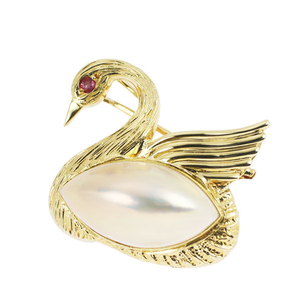 Seiko K18YG Mabe Pearl Pink Sapphire Brooch/Pendant Swan 