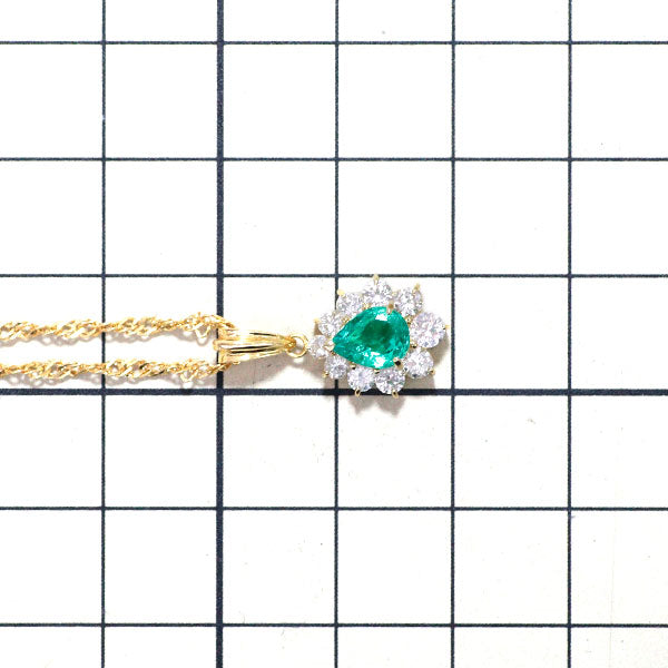 K18YG Pear Shape Emerald Diamond Pendant Necklace 0.63ct D0.59ct 