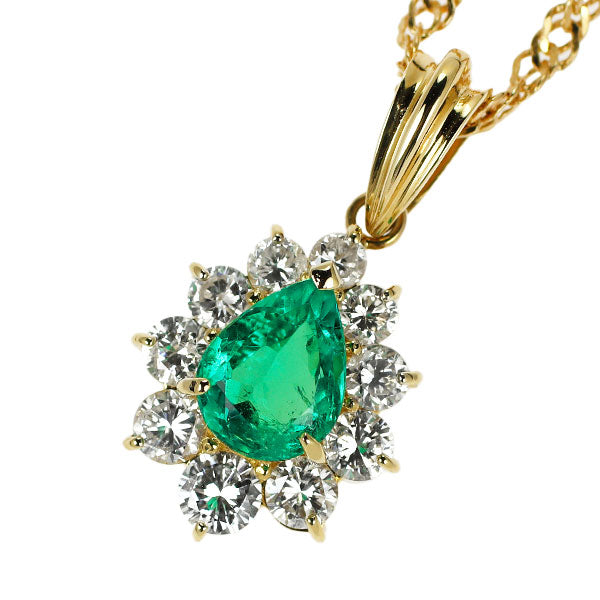 K18YG Pear Shape Emerald Diamond Pendant Necklace 0.63ct D0.59ct 