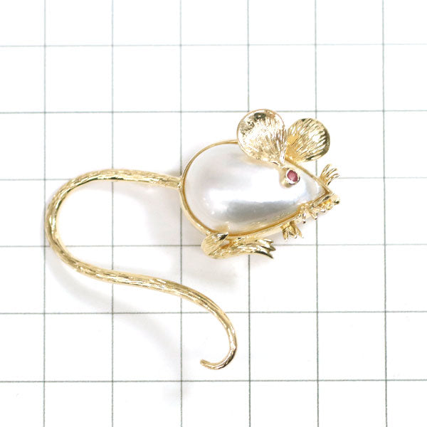 K18YG Mabe Pearl Ruby Brooch Mouse Animal 