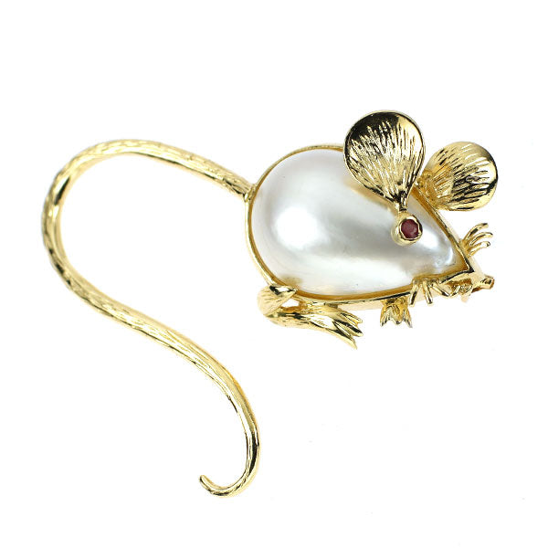 K18YG Mabe Pearl Ruby Brooch Mouse Animal 