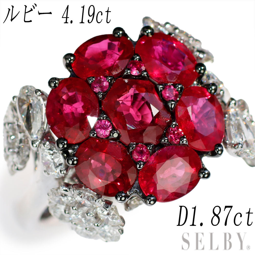 Black Coating / K18WG Ruby Diamond Ring 4.19ct D1.87ct Flower