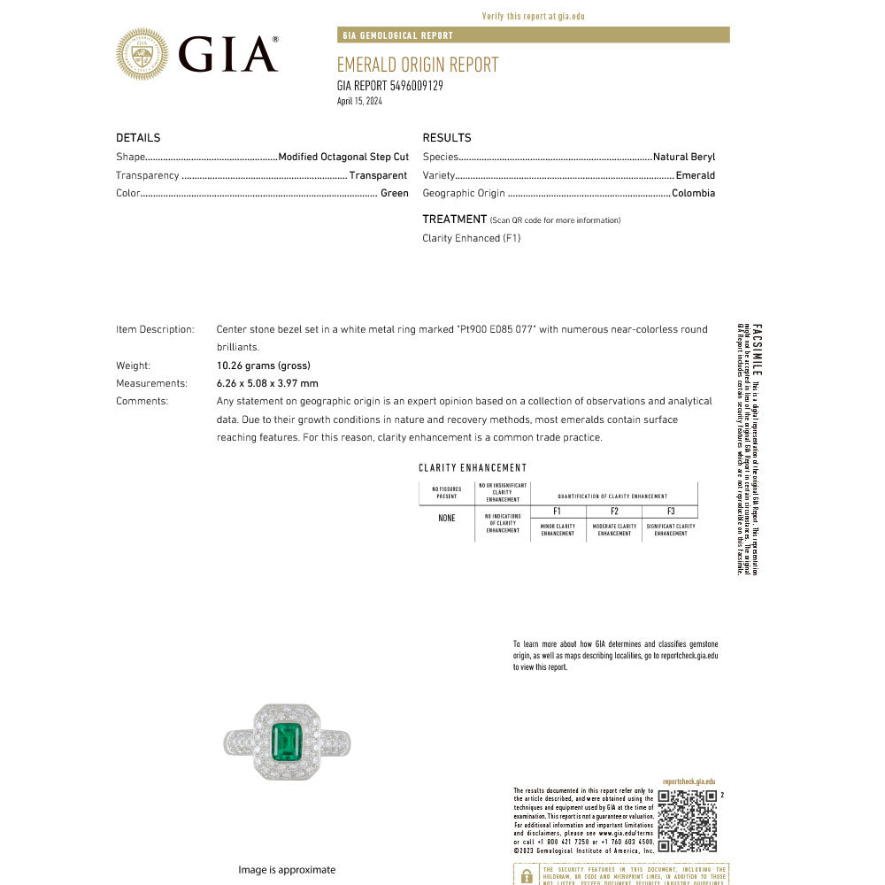 Pt900 Colombian F1 emerald diamond ring 0.85ct D0.77ct 