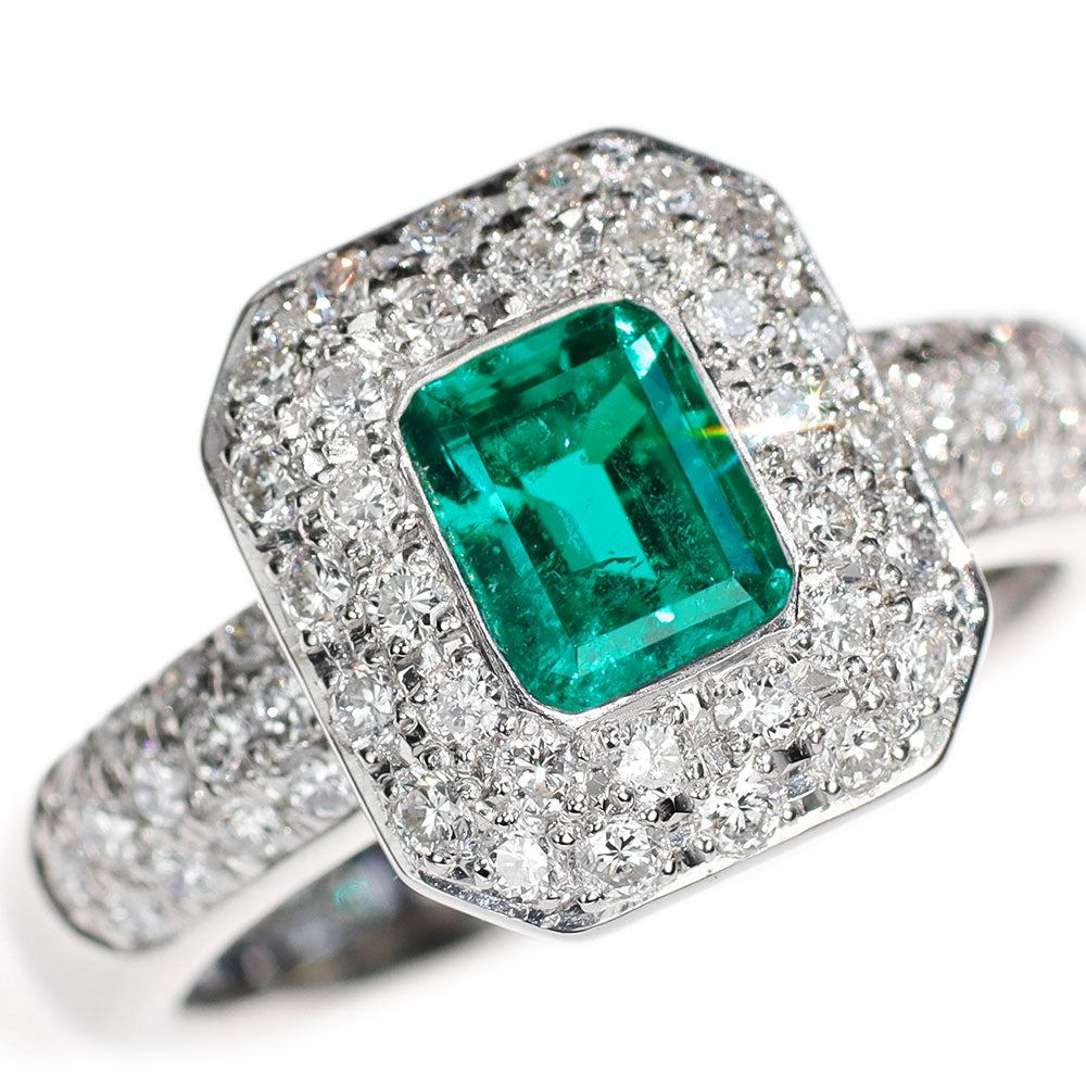 Pt900 Colombian F1 emerald diamond ring 0.85ct D0.77ct 