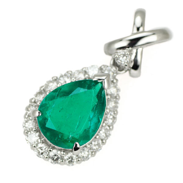 Pt900 Pear Shape Emerald Diamond Pendant Top 1.25ct D0.36ct 