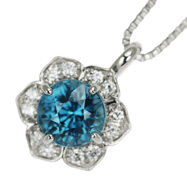 Pt Blue Zircon Diamond Pendant Necklace 0.72ct D0.05ct Flower 