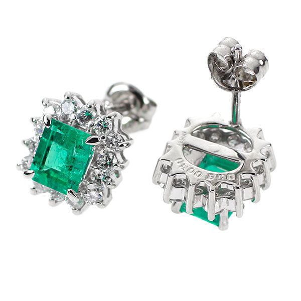 Pt850/ Pt900 Emerald Diamond Earrings 1.10ct D0.60ct 