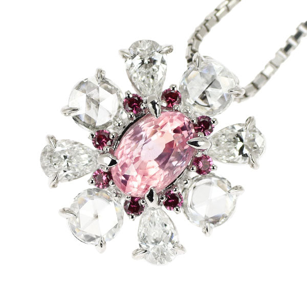 Pt Pink Sapphire Diamond Ruby Pendant Necklace 1.12ct D1.02ct R0.10ct Flower 