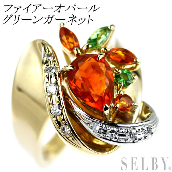 K18YG/Pt900 Fire Opal Green Garnet Diamond Ring 