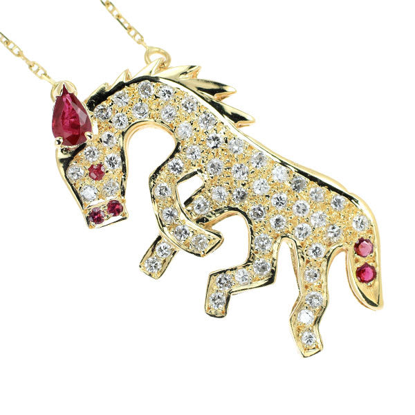 K18YG Diamond Ruby Pendant Necklace 0.76ct R0.35ct Horse 