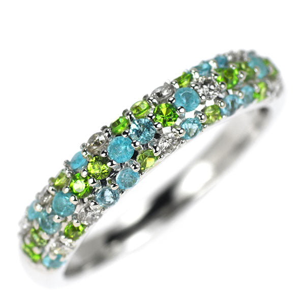 Rare K18WG Paraiba Tourmaline Demantoid Garnet Diamond Ring 0.25ct G0.30ct D0.16ct Pavé 