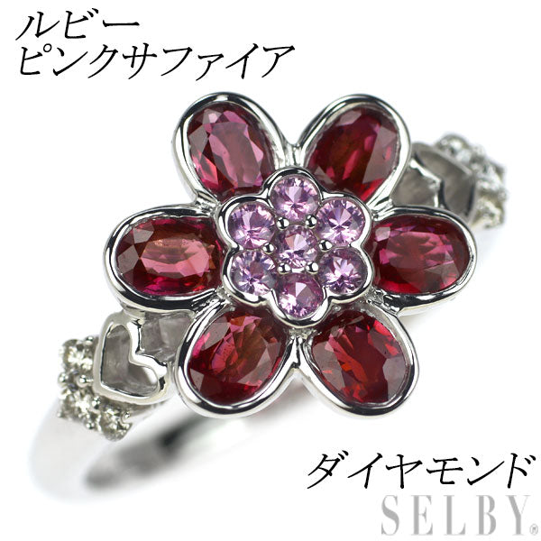 K18WG Ruby Pink Sapphire Diamond Ring Flower 