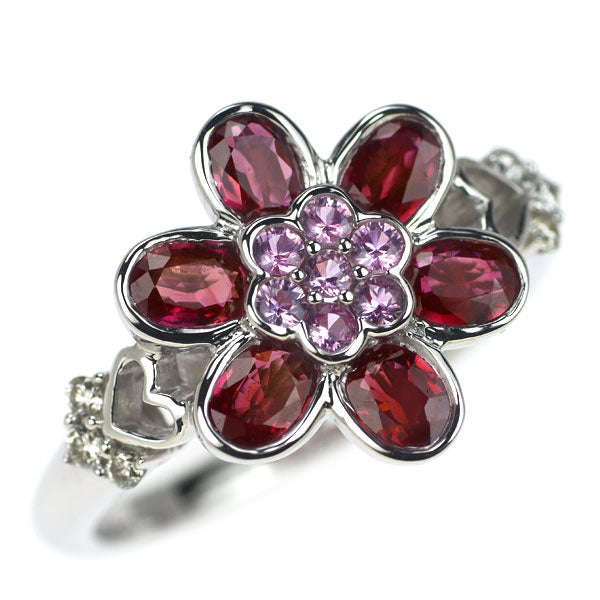K18WG Ruby Pink Sapphire Diamond Ring Flower 