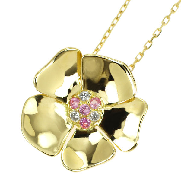 K18YG Pink Sapphire Diamond Pendant Necklace 0.06ct D0.05ct Flower 