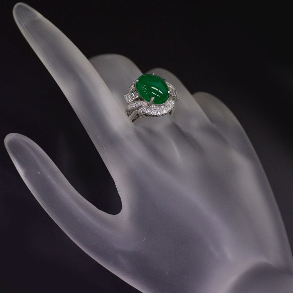 Pt900 Jade Diamond Ring D0.59ct Vintage Carved 