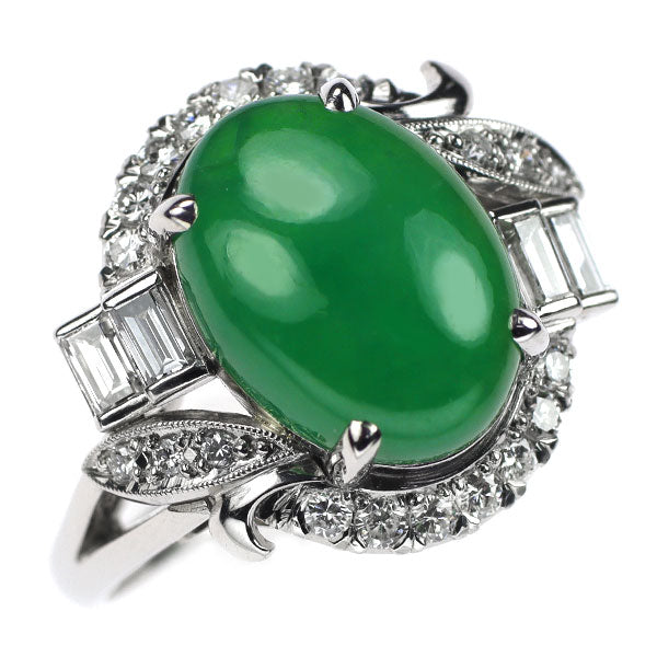 Pt900 Jade Diamond Ring D0.59ct Vintage Carved 