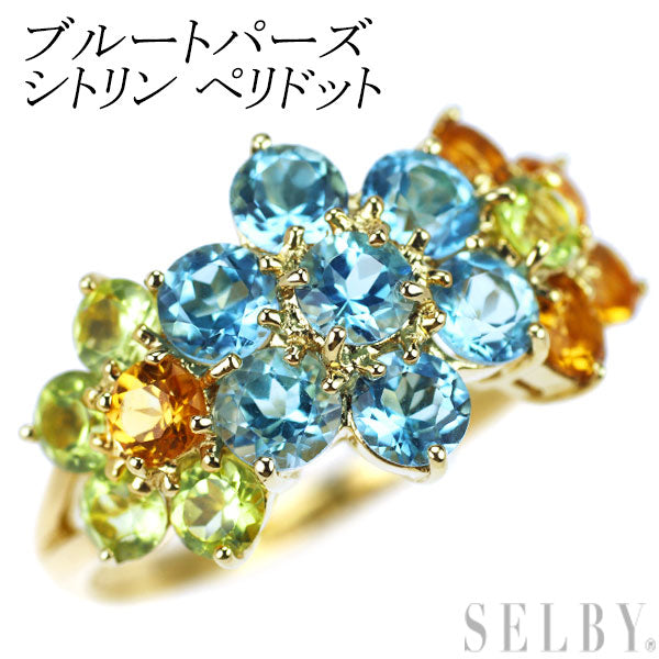 K18YG Blue Topaz Citrine Peridot Ring Flower 