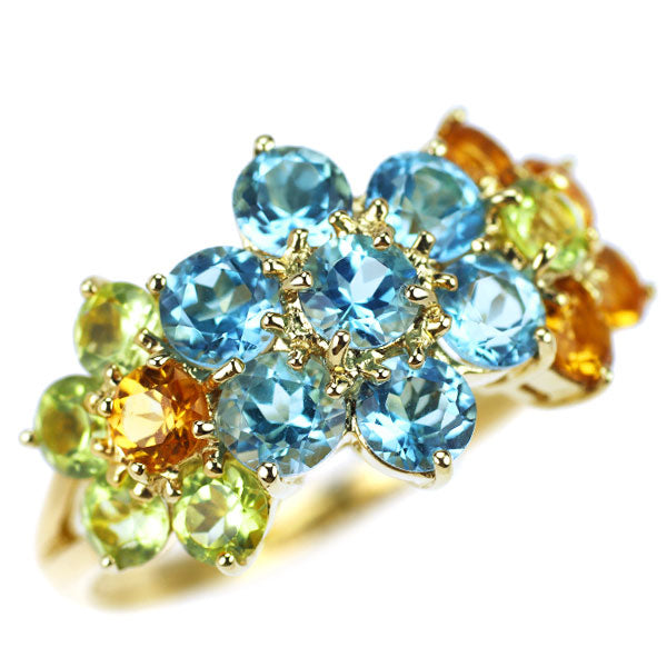 K18YG Blue Topaz Citrine Peridot Ring Flower 