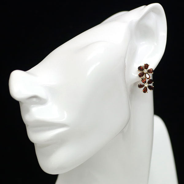 K18YG Garnet White Topaz Flower Earrings 
