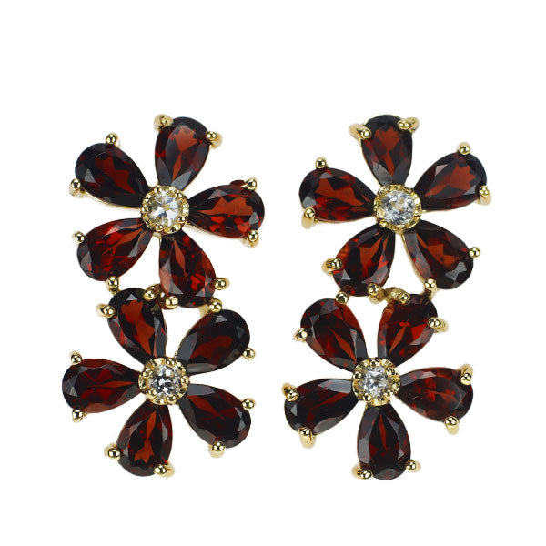 K18YG Garnet White Topaz Flower Earrings 