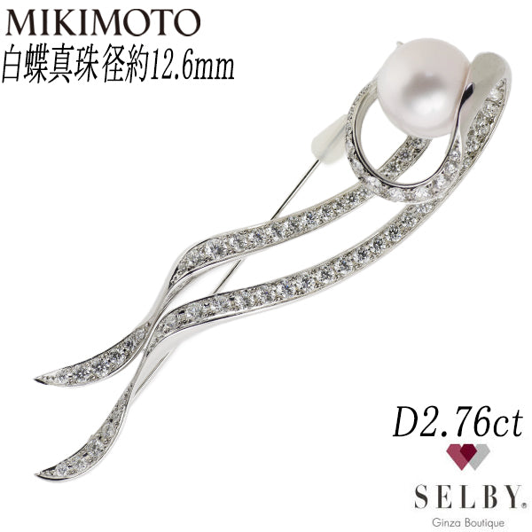 MIKIMOTO K18WG White Butterfly Pearl/Pearl Diamond Brooch 12.6mm/2.76ct《Selby Ginza Store》[S, Like New, Polished] [Used]