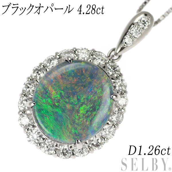 Pt900/ Pt850 Black Opal Diamond Pendant Necklace 4.28ct D1.26ct 