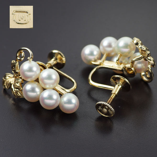 Mikimoto K14YG Akoya pearl earrings, diameter approx. 5.4-5.7mm, vintage product, grape plant 